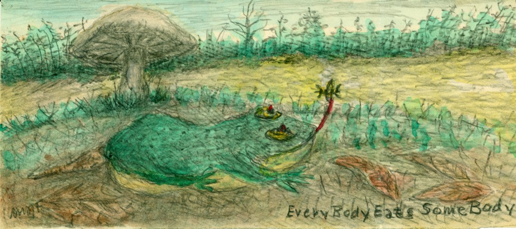 Watercolor of a frog in front of a mushroom eating a bug, captioned Everybody Eats Somebody