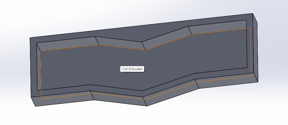 Extrusion into three dimensions of previous sketch, hollow on the inside. Only the six walls and the bottom plate are left.