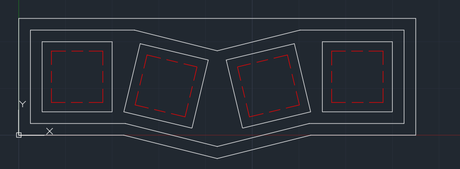 Digital sketch of fidget toy design in AutoCAD. Four square holes, each with a smaller square within. Outer four holes are to fit keycaps, while inner four holes are to fit switches.