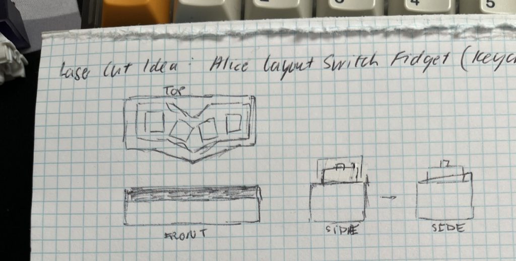 Top, Front, and Side View sketches of a rectangular box fidget toy. Sketch is on a blue grid and is not to scale.