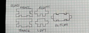 Sketch of front, right, back, left, and bottom panels of a unknown wooden box. 