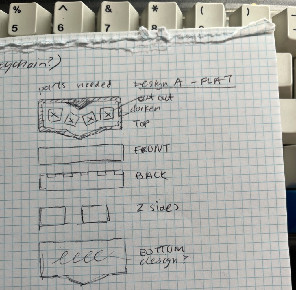 First flat design of fidget toy, with flat top. In the side views, the top of the side panels are flat. Sketches are drawn on grid paper, some sketch dimensions are aligned.