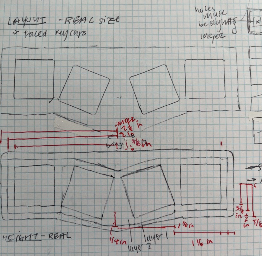 Sketch of top and middle panels of a slanted fidget toys in real sized dimensions.  