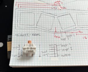 One mechanical switch on gridded sketch paper. Used to measure physical dimensions of the mechanical switch. 