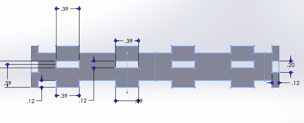 Digital sketch of fidget toy design in SoildWorks of the back panel. Finger joint rectangles surround the outside lines and about half-way up the back length.