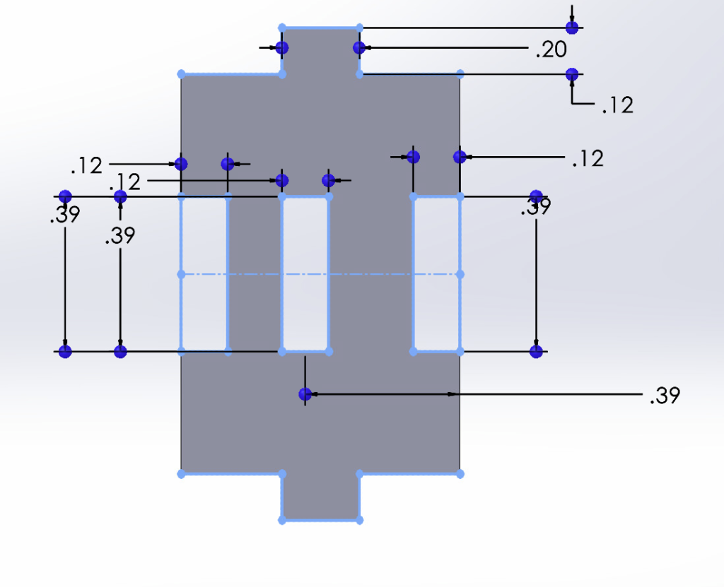 Digital sketch of fidget toy design side panels in SoildWorks. Finger joint rectangles surround the outside lines, and a middle finger joint is cut out to fit the middle plate. 