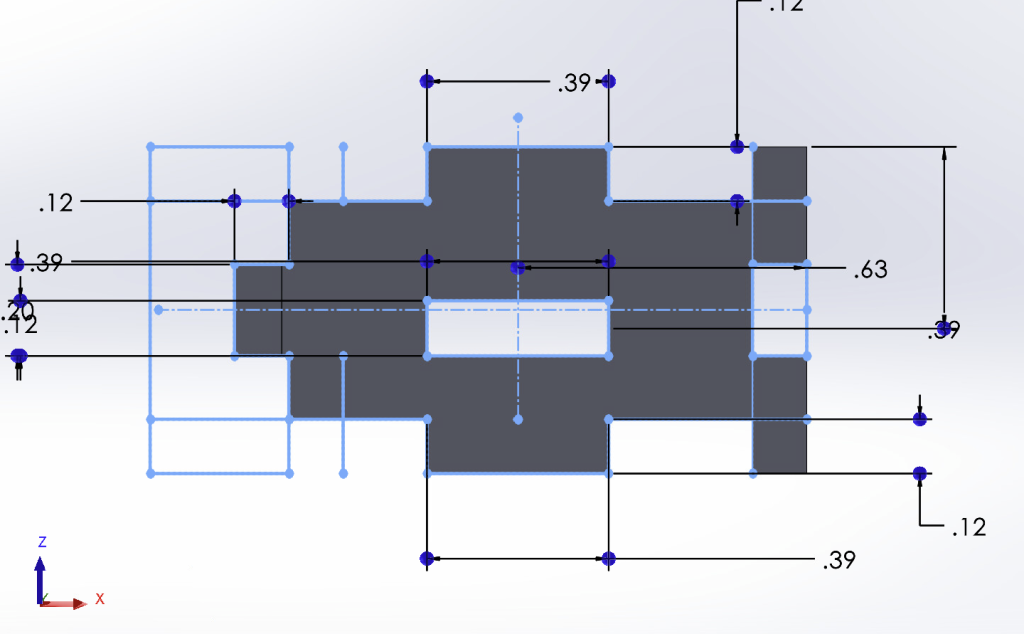 Digital sketch of fidget toy front panels design in SoildWorks. Finger joint rectangles surround the outside lines, and connection to side panels is fish-like design.