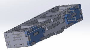 SolidWorks three dimensional assembly with the previously defined panels: the top, middle, bottom plates and the back panel and side and front panels. The finger holes on the back panel fit well with the protrusions from the plates.