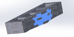 SolidWorks three dimensional assembly with the previously defined panels: the top, middle, bottom plates and the back panel and side and front panels. The finger holes on the back panel fit well with the protrusions from the plates.