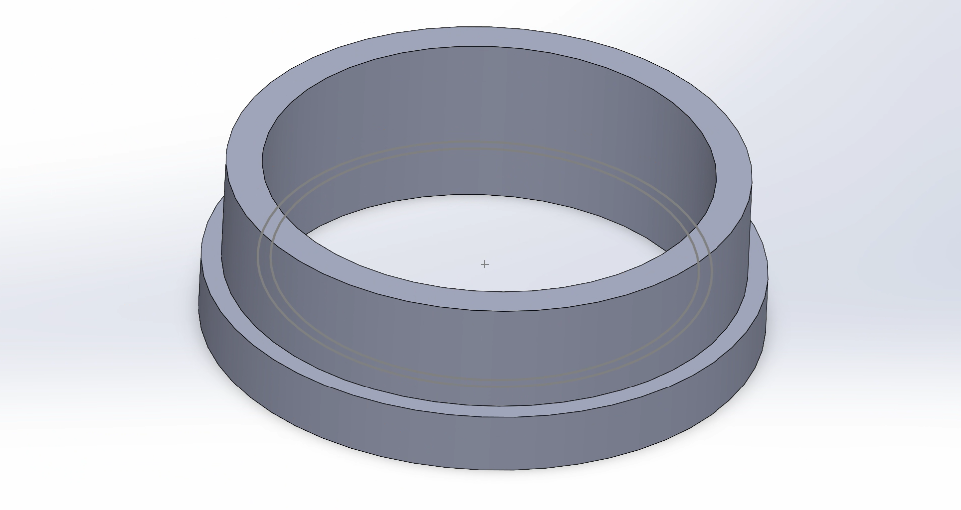 Ring-like design made in SolidWorks computer-aided design program. Design is similar to a two-tiered cake without a bottom or top edge and hollowed out. 