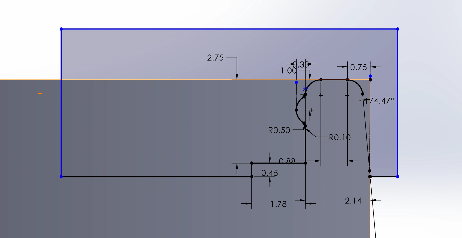 Cross sectional view of a sketch that defines the upper lip. Total height of lip design is about 3.20 mm and total width is 3.92 mm. Sketch includes a knob-like head and is slanted toward the outside.