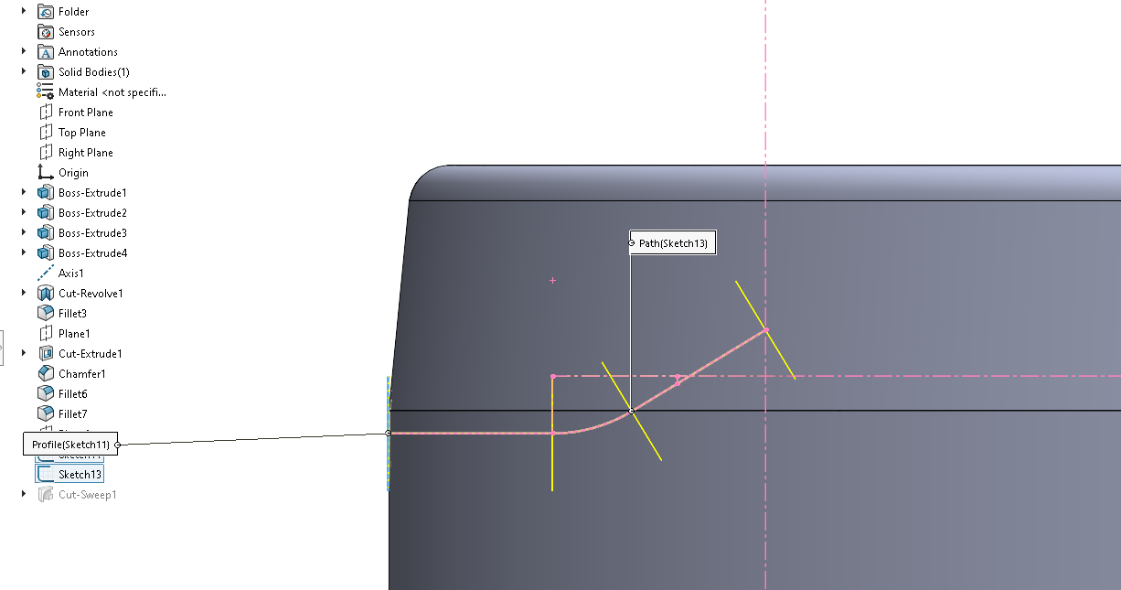 Cross sectional area with details of ventilation tube cut outs. The cut out follow a path that tilt upwards. Also highlights projected profile sketches along the path sketch. No numerical dimensions.