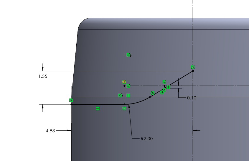 Sketch of path for tube cut out to follow. Labeled with a total height of 1.35 mm, width of 4.93 mm, and radius of 2.00 mm. All sketch elements are fully defined. 