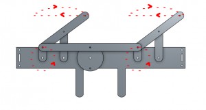 A diagram of one side of the body of our creature with two moving legs and two stationary legs connected by a main shaft and cranking wheel.