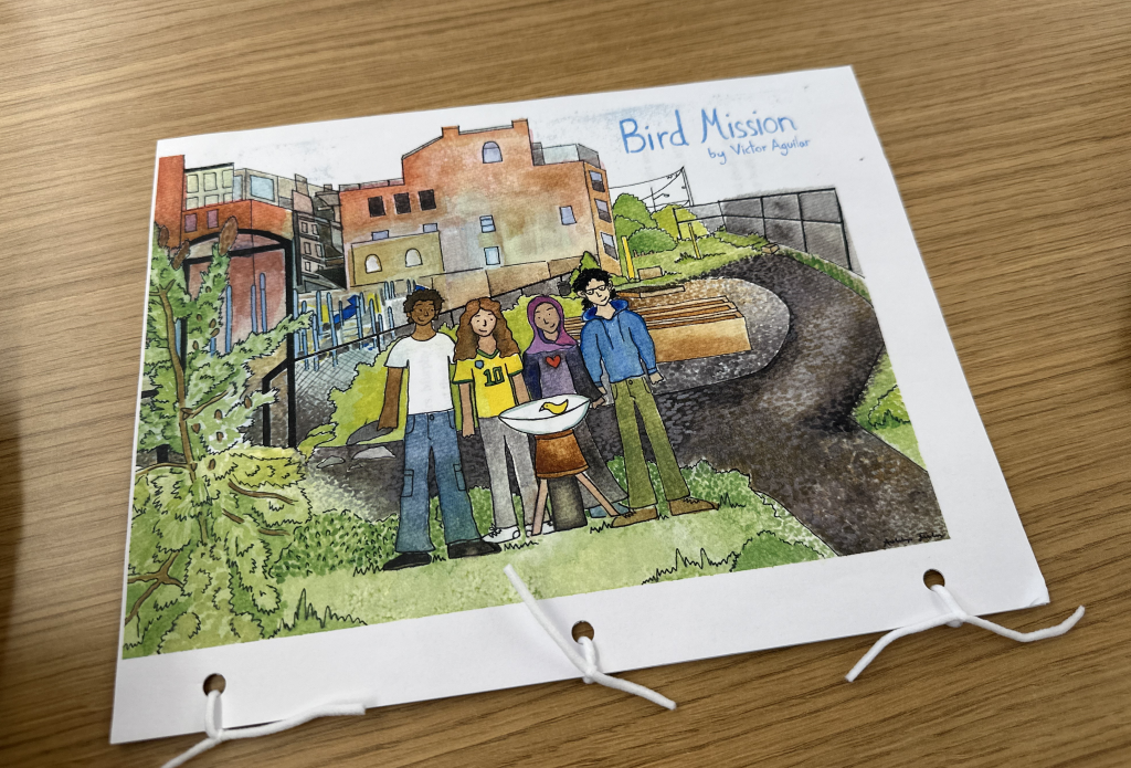 Cover art of students standing around a bird bath