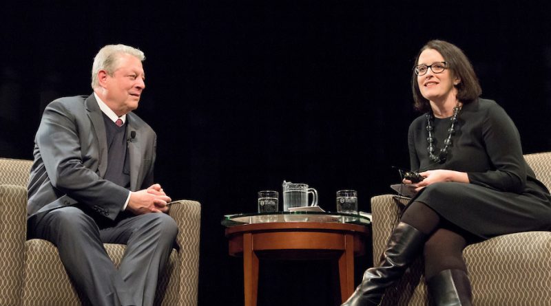 Photo of Kelly Sims Gallagher moderating a conversation (onstage) with Al Gore