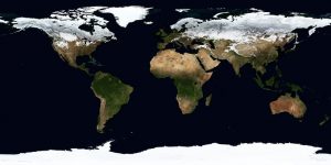 Flat map of the Earth showing vegetation and snow