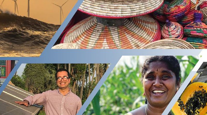 Collage of pictures : top left is of offshore windmills in waves, top right is a pile of colorful baskets, bottom right is a papaya cut in half, to the left is a photo of a smiling woman in a field, and bottom left is a photo of Rishkesh Bhandary smiling standing next to a solar panel