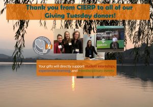 Image of thank you note from CIERP for supporting students on Giving Tuesday. Includes three photos of CIERP students and a Tufts Giving Tuesday logo on a background of mountains and a lake with leaves in the foreground