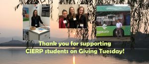 Image of thank you note from CIERP for supporting students on Giving Tuesday. Includes three photos of CIERP students on a background of mountains and a lake with leaves in the foreground