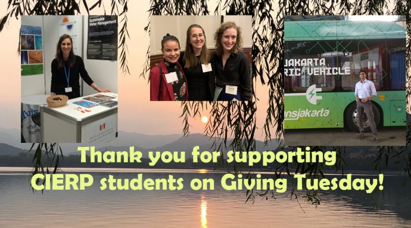 Image of thank you note from CIERP for supporting students on Giving Tuesday. Includes three photos of CIERP students on a background of mountains and a lake with leaves in the foreground