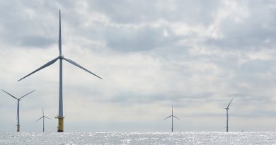 Landscape photo of offshore windmills against a background of clouds