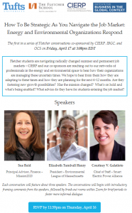 Image of flyer for strategic networking event, 3 headshots of the 3 speakers with captions