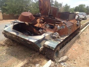 An MT-LB of the Nigerian Army photographed in May 2015. It was captured by Boko Haram and destroyed during military operations near Marrabara, Adamawa state, in March 2015. Wikimedia/Creative Commons, Jambanja2009.