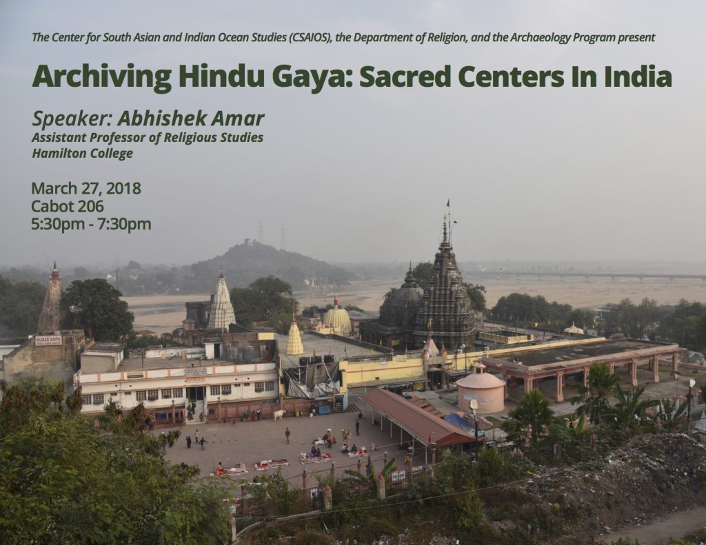 Poster for March 27th talk with Vishnupad Temple, Gaya, India in the background