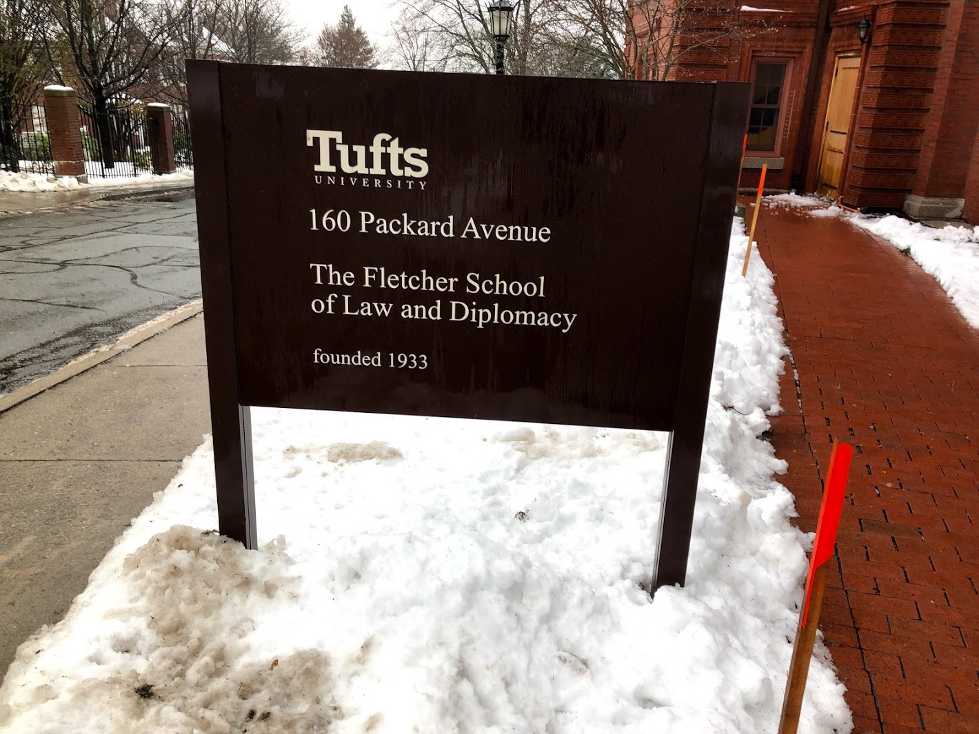 Fletcher School sign in snow