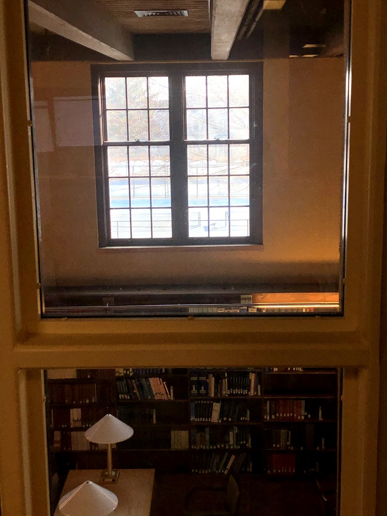 Ginn Library window to tennis courts