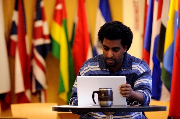 studying student in the Hall of Flags