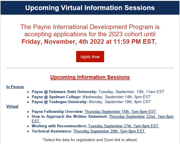 Payne Fellowship information session schedule