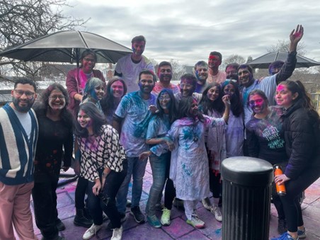 Holi celebration outside Ginn Library