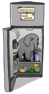 A drawing of a small elephant inside a refrigerator