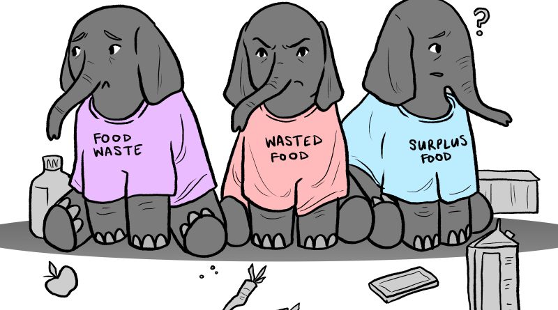 three elephants in T-shirts, reading "food waste," "wasted food," and "surplus food"