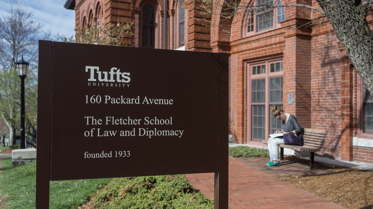Fletcher School sign in front of Academic Building