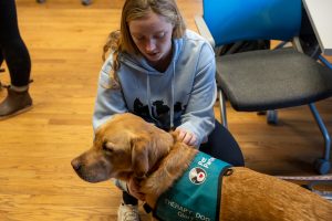 a young person is petting a therapy dog.