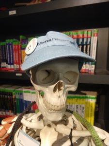 Leo the Skeleton model smiling at the camera, wearing a light blue Tufts Alumni visor, with a button pinned to it of The Block
