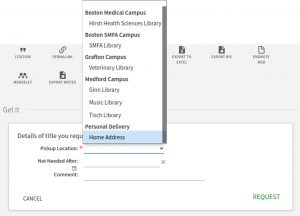 Using the dropdown menu to choose a delivery location of a library book from the online catalog