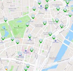 A picture of a map of the different Blue Bike stations in Downtown Boston
