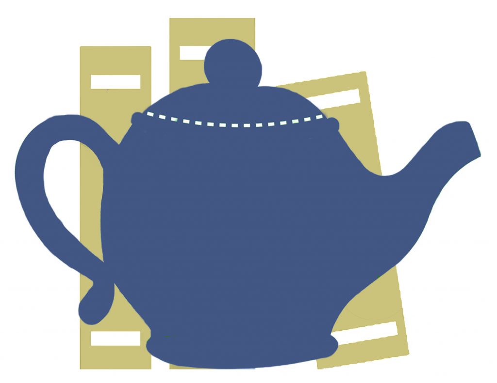 blue teapot in front of yellow books