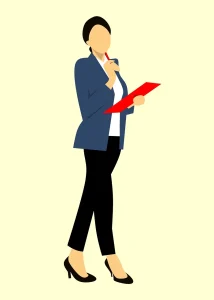 illustration of person walking and holding a clipboard in one hand, a pen in another