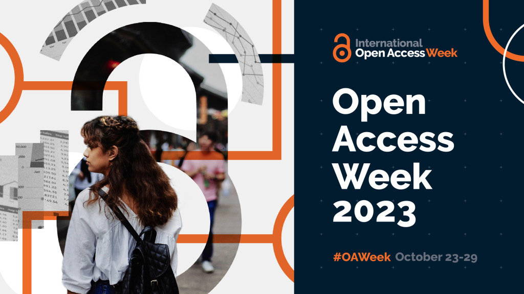 Photo of woman with backpack with the works Open Access Week 2023 and open lock logo