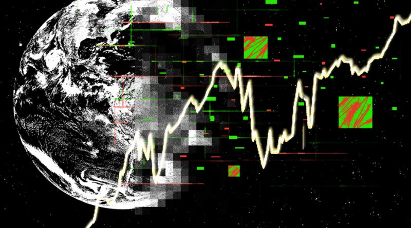 Black and white photo of the earth with a red and green financial chart over it.