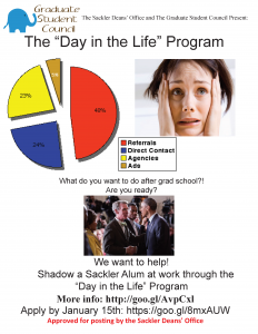 The “Day in the Life” Program Flyer Shadow a Sackler Alum at work through the “Day in the Life” Program More info: http://goo.gl/AvpCxl Apply by January 15th: https://goo.gl/8mxAUW
