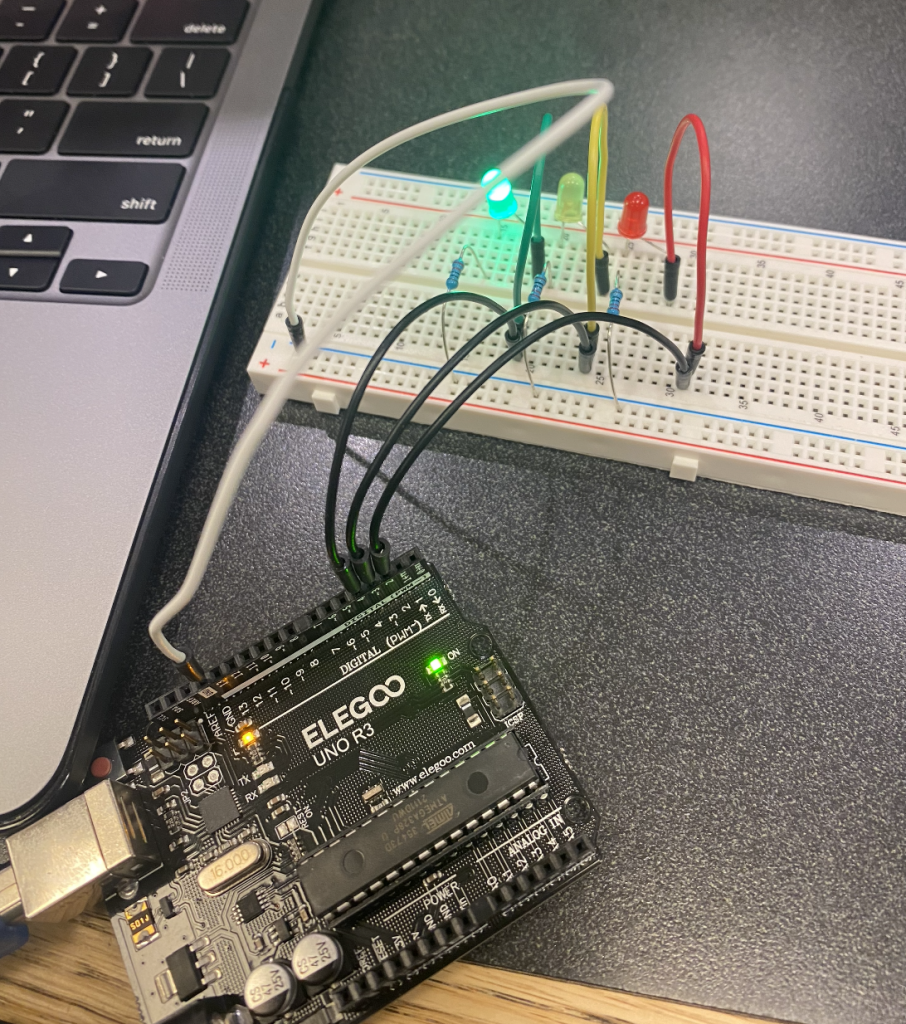 Picture of the simple LED circuit connected to the Arduino and power