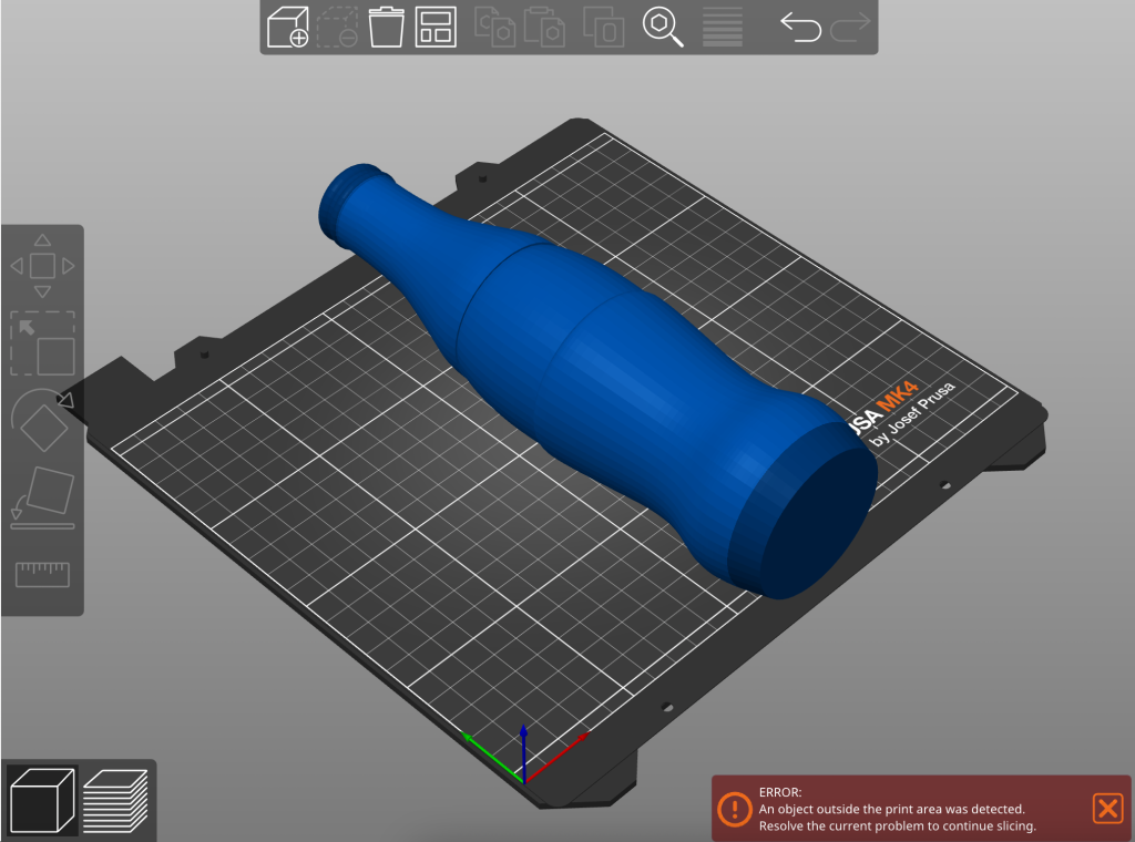 Coke bottle STL file upon import without any edits. Bottle outline too large and laid on it's side.