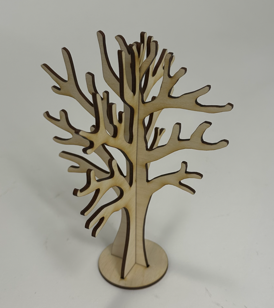 Final laser cut jewelry tree out of birch wood