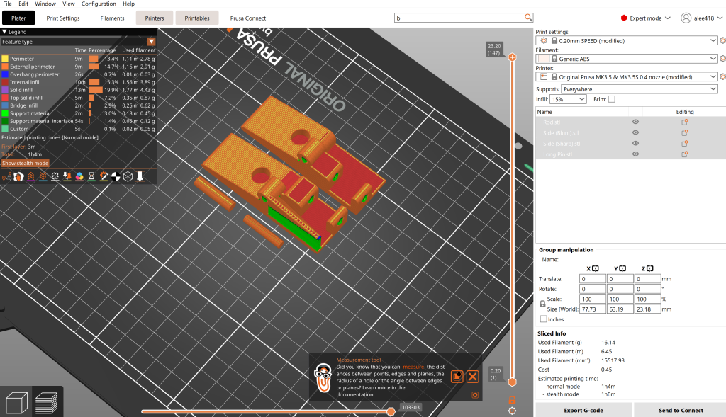 Screenshot of a 3D printing program with a model of the printed prototype and various settings like infill, filament type, support settings, on the right.